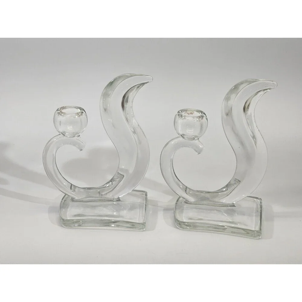 VINTAGE Art Deco Muranese Glass Flame Candlesticks Martinsville Viking 50s Set 2